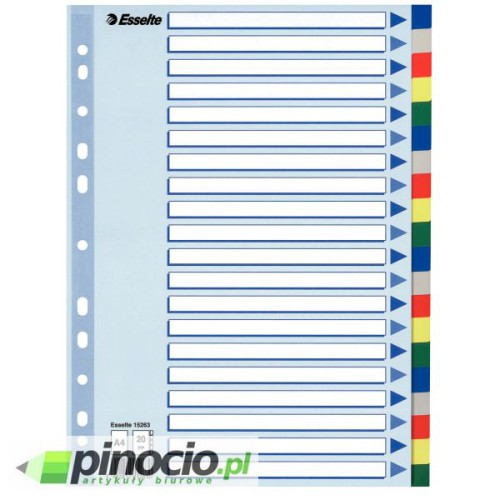 Przekładki plastikowe z kolorowymi indeksami Esselte A4 20 kart 15263